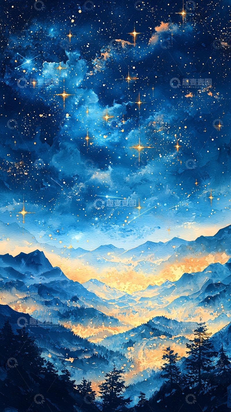 高清大图下载【趣麦麦图】蓝色星空下的山脉
