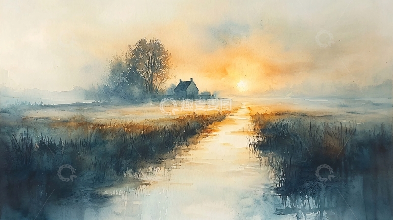 高清大图下载【趣麦麦图】水彩画日落