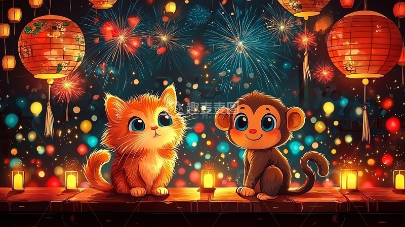 高清大图下载【趣麦麦图】卡通小猫小猴