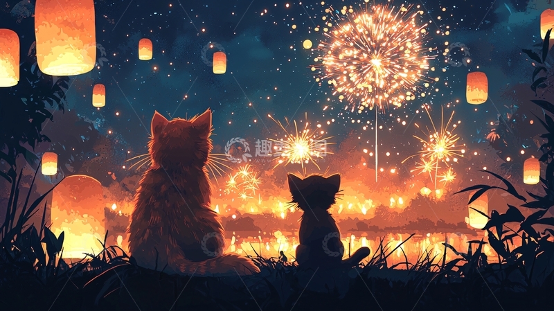 高清大图下载【趣麦麦图】夜空烟火猫咪剪影