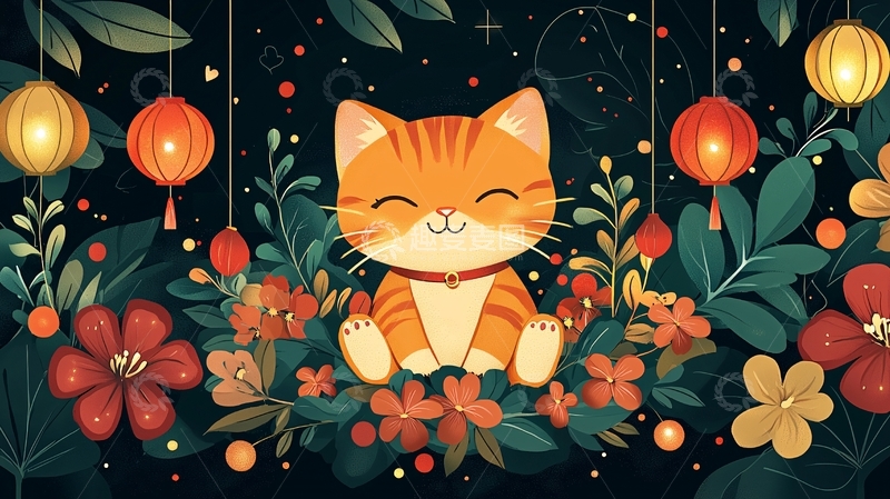 高清大图下载【趣麦麦图】小猫花灯夜间插画