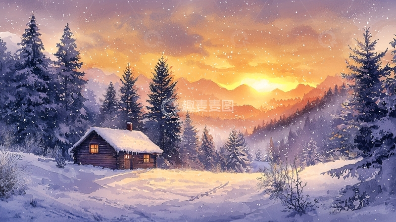 高清大图下载【趣麦麦图】雪山日落下的木屋