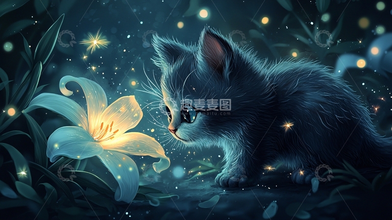 高清大图下载【趣麦麦图】小猫与发光百合花