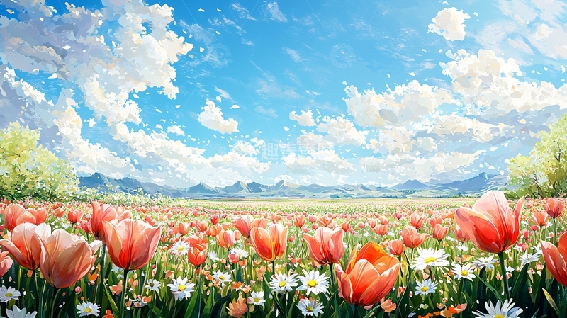 高清大图下载【趣麦麦图】郁金香花田蓝天白云