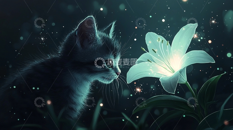 高清大图下载【趣麦麦图】小猫凝视发光的花朵