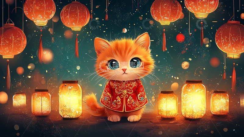 高清大图下载【趣麦麦图】萌猫灯笼