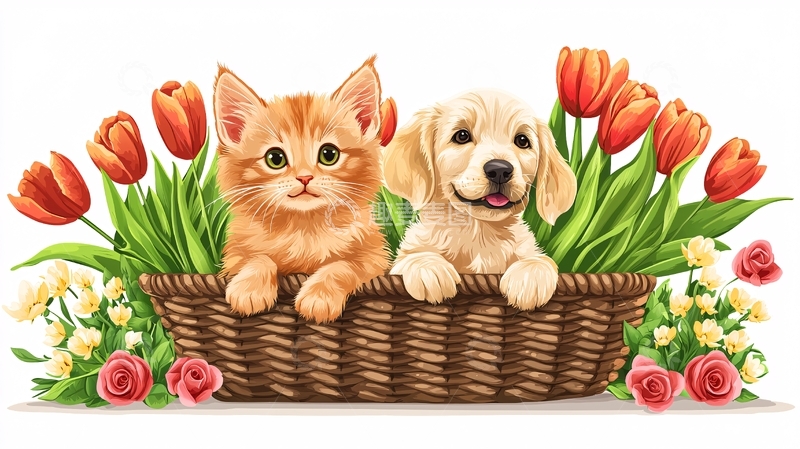 高清大图下载【趣麦麦图】小猫小狗花篮图