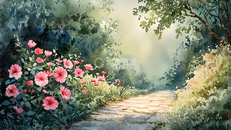 高清大图下载【趣麦麦图】水彩画小路花丛