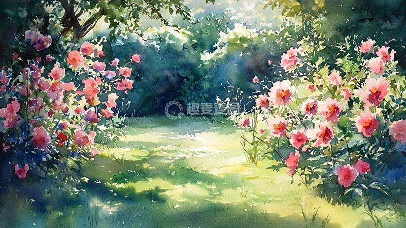 高清大图下载【趣麦麦图】阳光下的粉色玫瑰花园