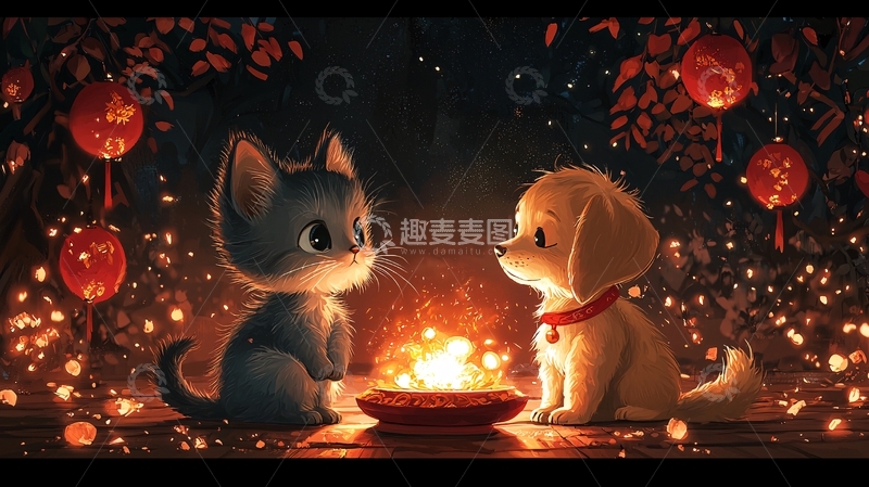 高清大图下载【趣麦麦图】小猫小狗围炉夜话