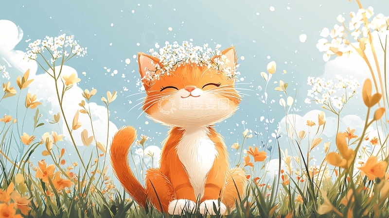 高清大图下载【趣麦麦图】戴花环的橘猫