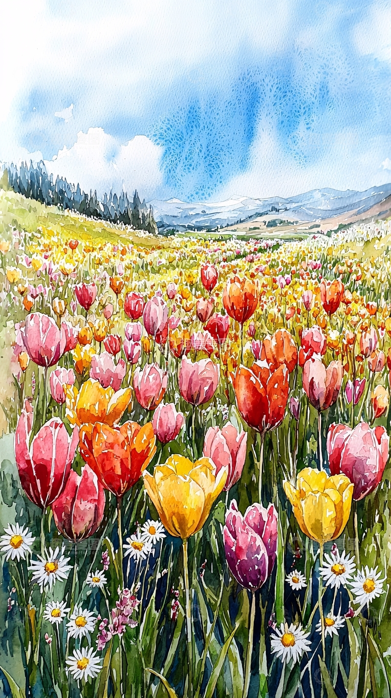 高清大图下载【趣麦麦图】水彩郁金香田园风光
