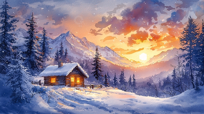 高清大图下载【趣麦麦图】雪山日落小屋