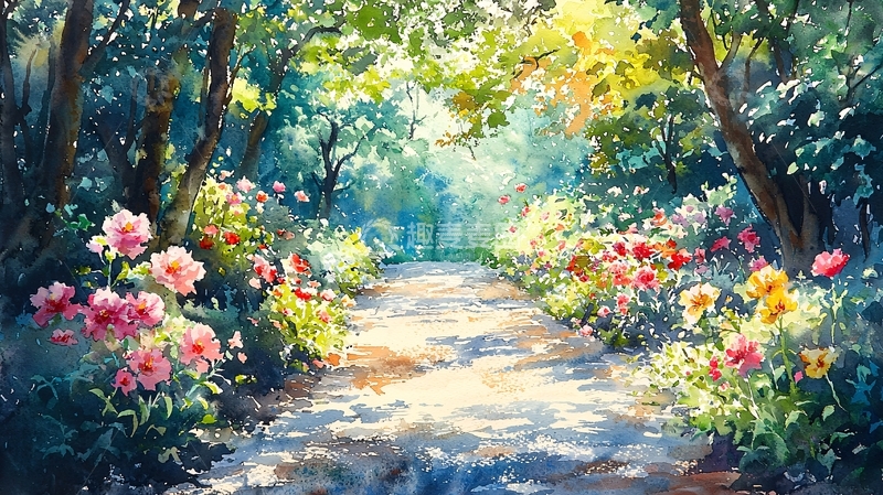 高清大图下载【趣麦麦图】阳光森林小路花海