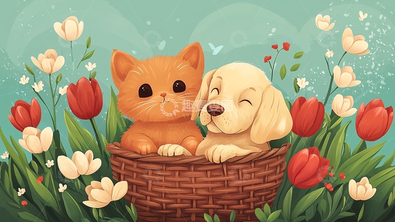 高清大图下载【趣麦麦图】小猫小狗花篮图