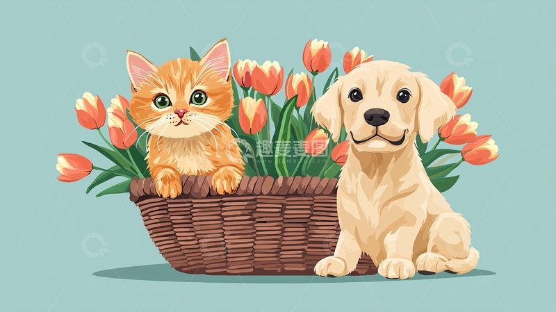 高清大图下载【趣麦麦图】小猫小狗花篮图