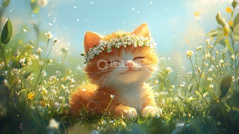 高清大图下载【趣麦麦图】戴花环的小猫