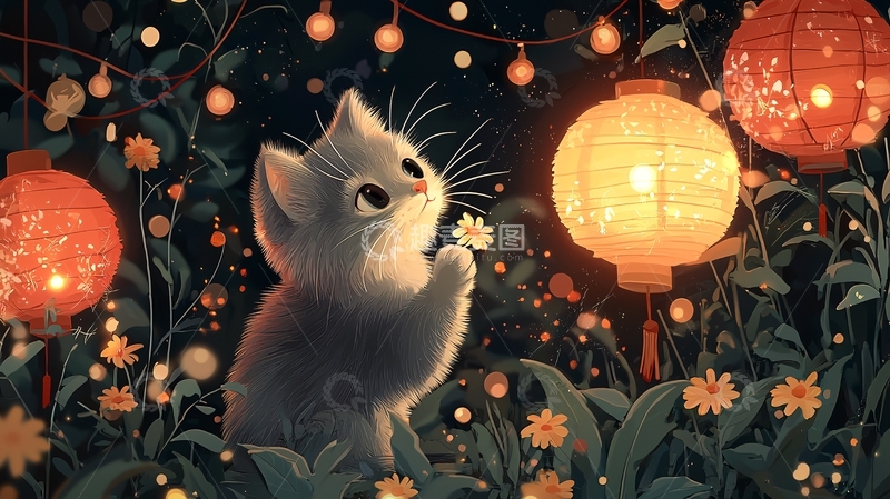 高清大图下载【趣麦麦图】小猫与灯笼梦幻场景