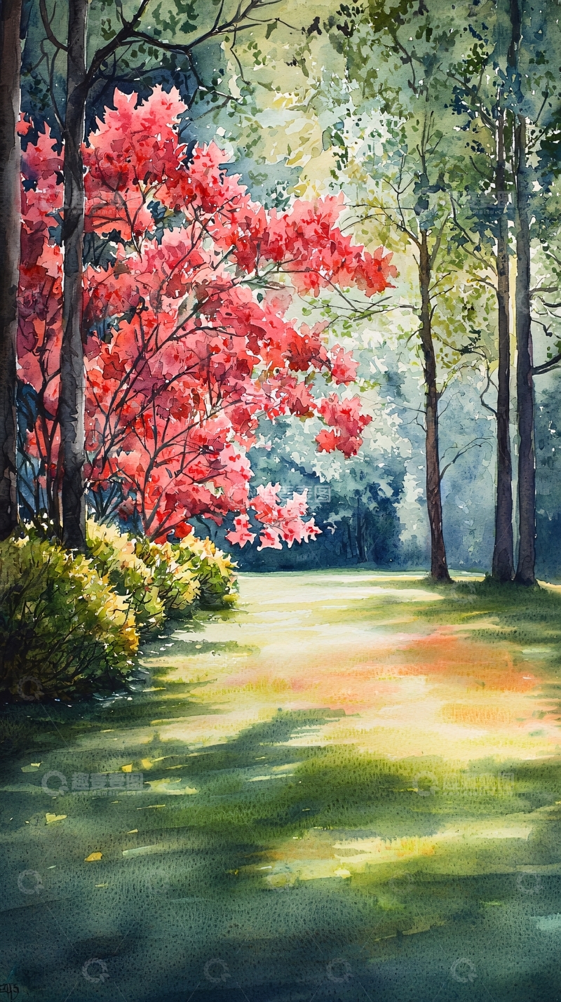 高清大图下载【趣麦麦图】水彩画森林小路