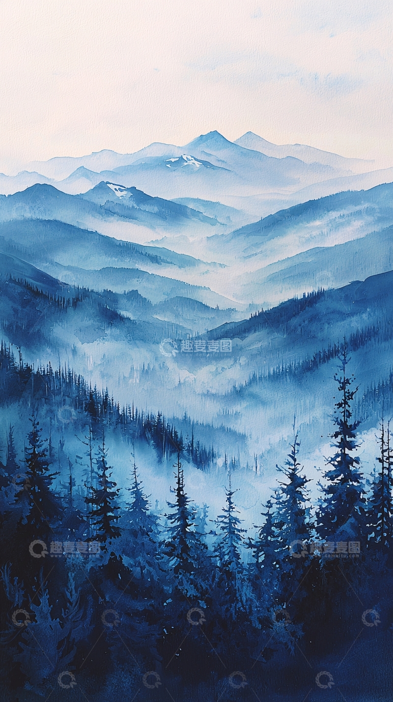 高清大图下载【趣麦麦图】蓝色山脉雾气森林