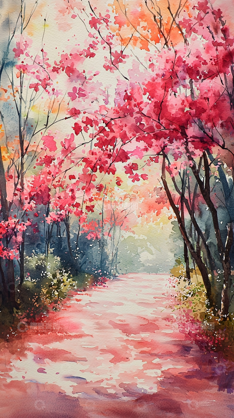 高清大图下载【趣麦麦图】粉色花海小路水彩画