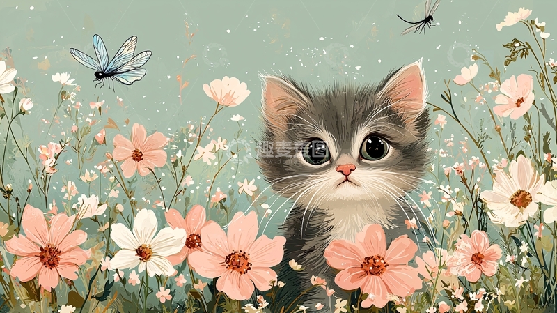 高清大图下载【趣麦麦图】小猫花丛中