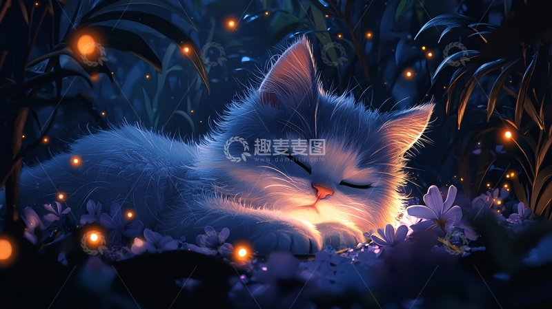 高清大图下载【趣麦麦图】蓝色调梦幻小猫睡眠