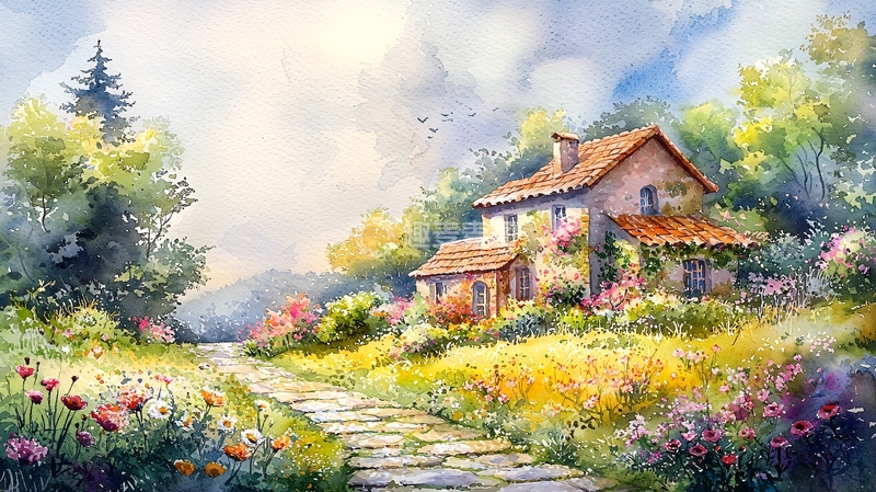 高清大图下载【趣麦麦图】水彩田园风景画