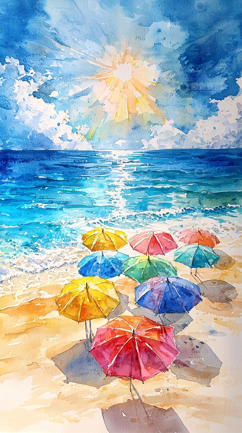 高清大图下载【趣麦麦图】水彩画海滩风景