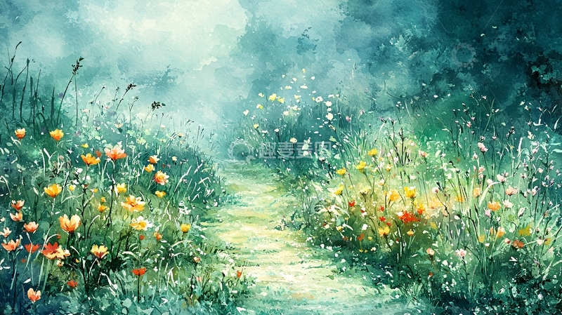 高清大图下载【趣麦麦图】水彩森林小路