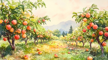 水彩桃园风景画