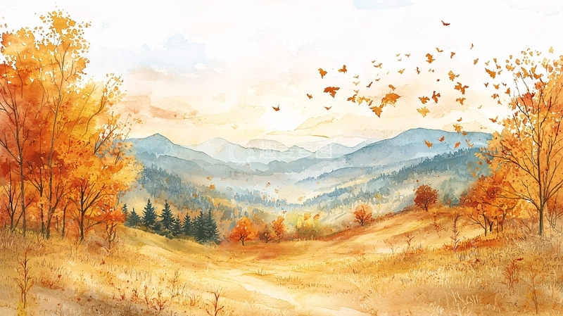 高清大图下载【趣麦麦图】秋日山峦水彩画