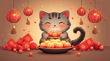 可爱猫咪抱着金元宝庆祝新年