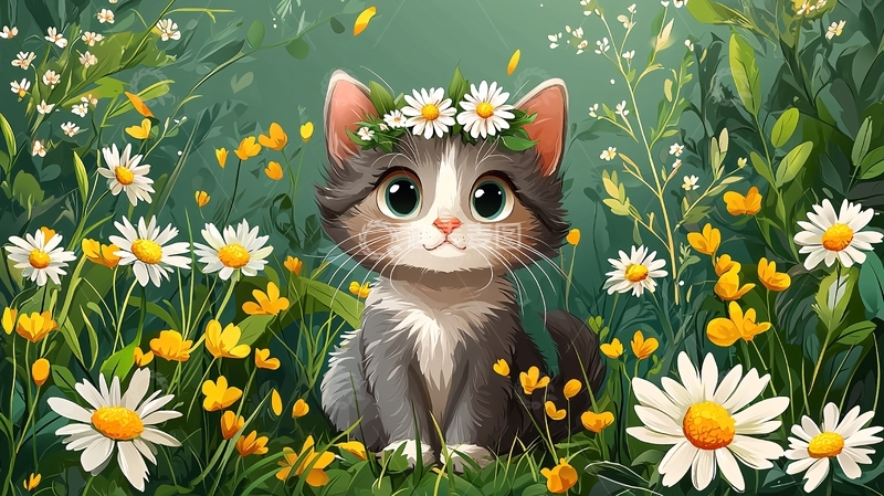 高清大图下载【趣麦麦图】戴花环的小猫