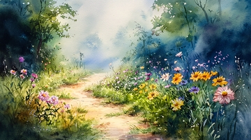 水彩画森林小路