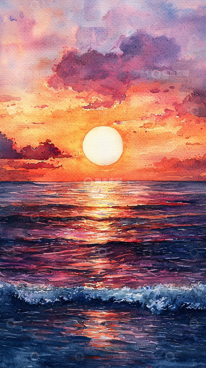 高清大图下载【趣麦麦图】水彩日落海景