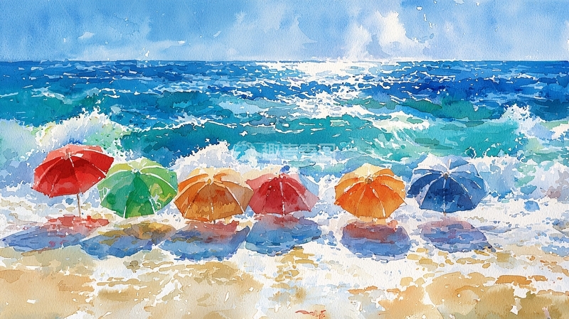 高清大图下载【趣麦麦图】彩色沙滩伞海浪