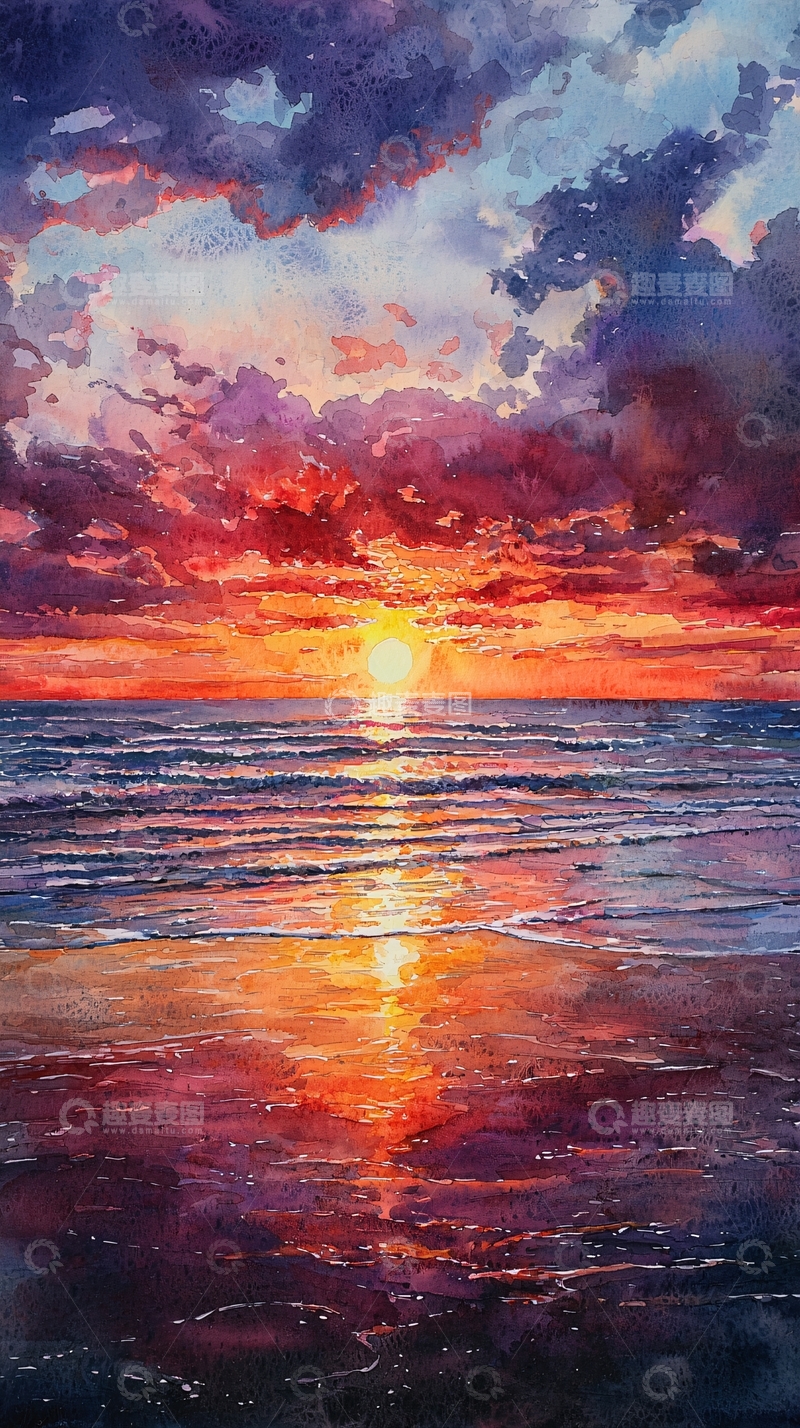 高清大图下载【趣麦麦图】水彩日落海滩