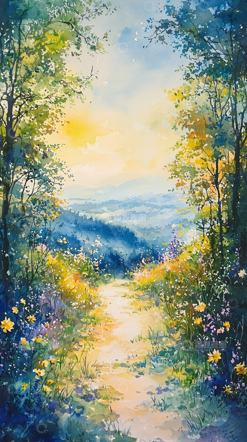 高清大图下载【趣麦麦图】水彩画森林小路