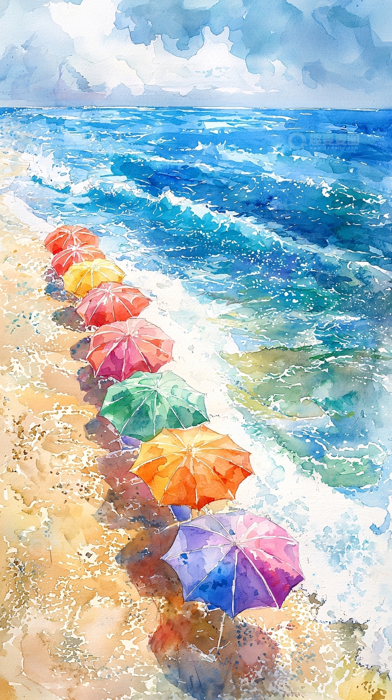 高清大图下载【趣麦麦图】彩色沙滩伞海边风景