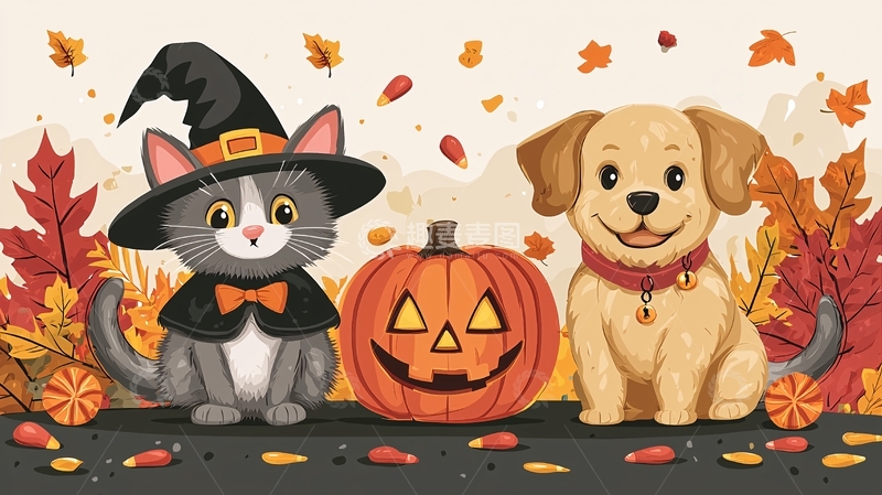 高清大图下载【趣麦麦图】可爱猫咪狗狗万圣节南瓜