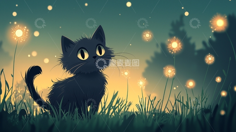 高清大图下载【趣麦麦图】黑猫在草地上仰望萤火虫
