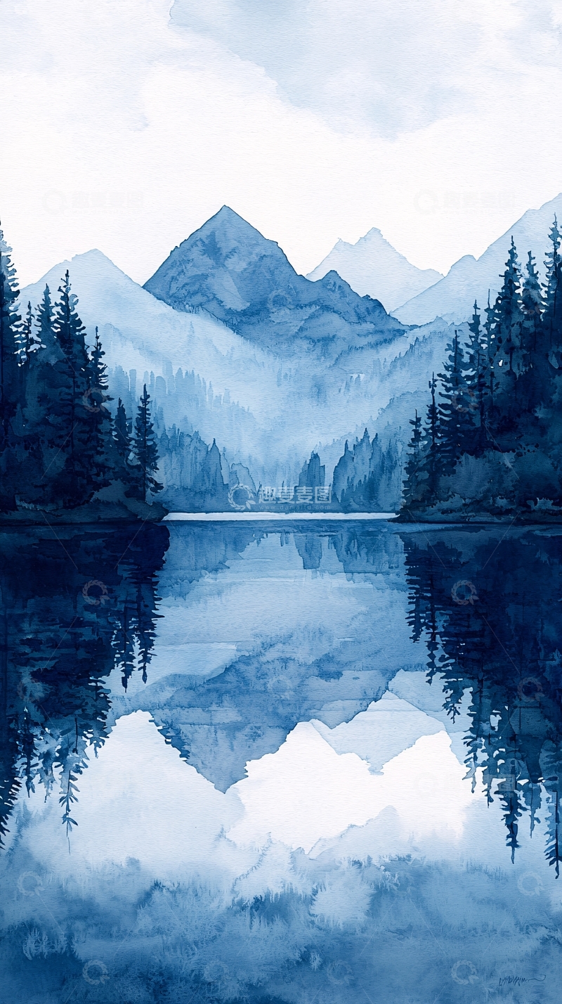 高清大图下载【趣麦麦图】水墨蓝山湖泊倒影