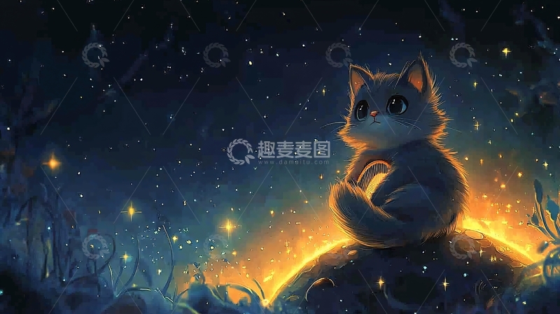 高清大图下载【趣麦麦图】夜空下的小猫