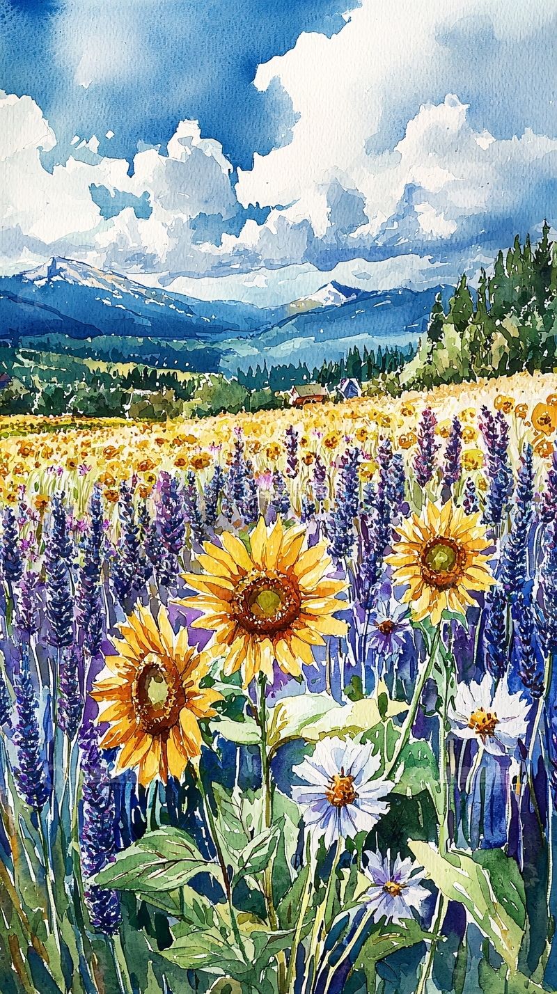 高清大图下载【趣麦麦图】水彩画向日葵薰衣草田园风景