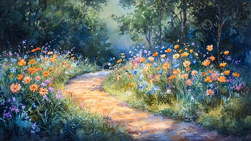 高清大图下载【趣麦麦图】森林小路鲜花盛开