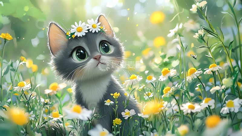 高清大图下载【趣麦麦图】戴雏菊花环的小猫
