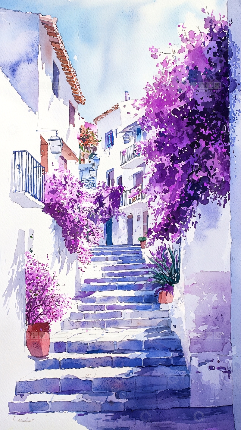 高清大图下载【趣麦麦图】地中海风格紫藤花街道