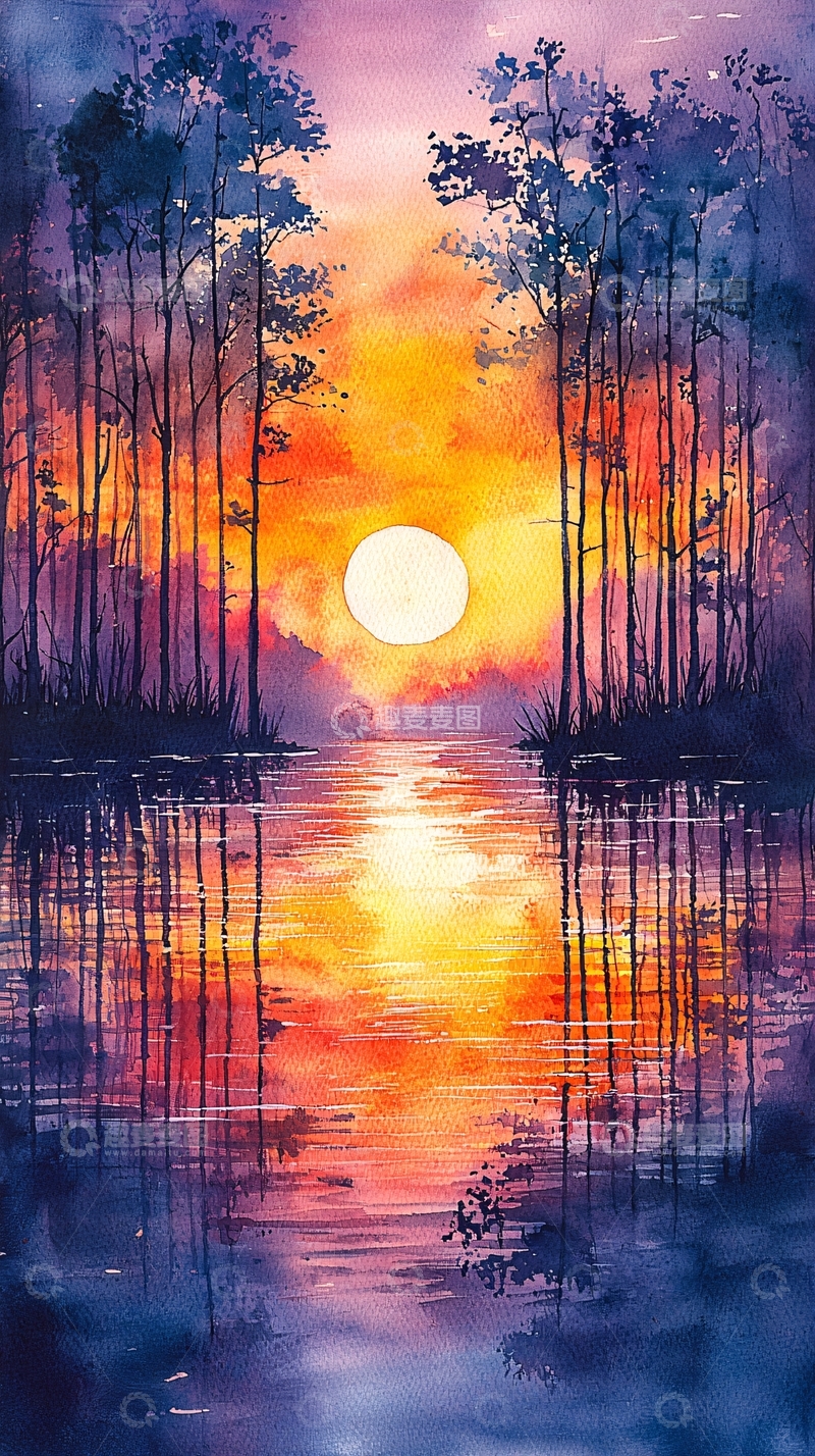 高清大图下载【趣麦麦图】水彩夕阳
