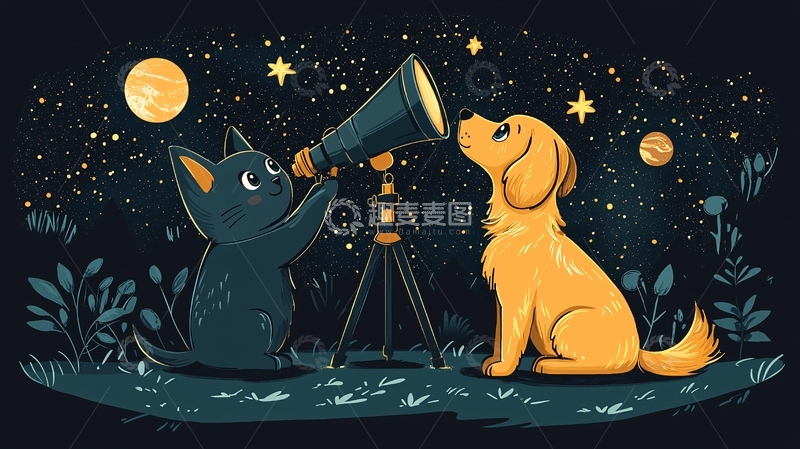 高清大图下载【趣麦麦图】猫咪狗狗看星星